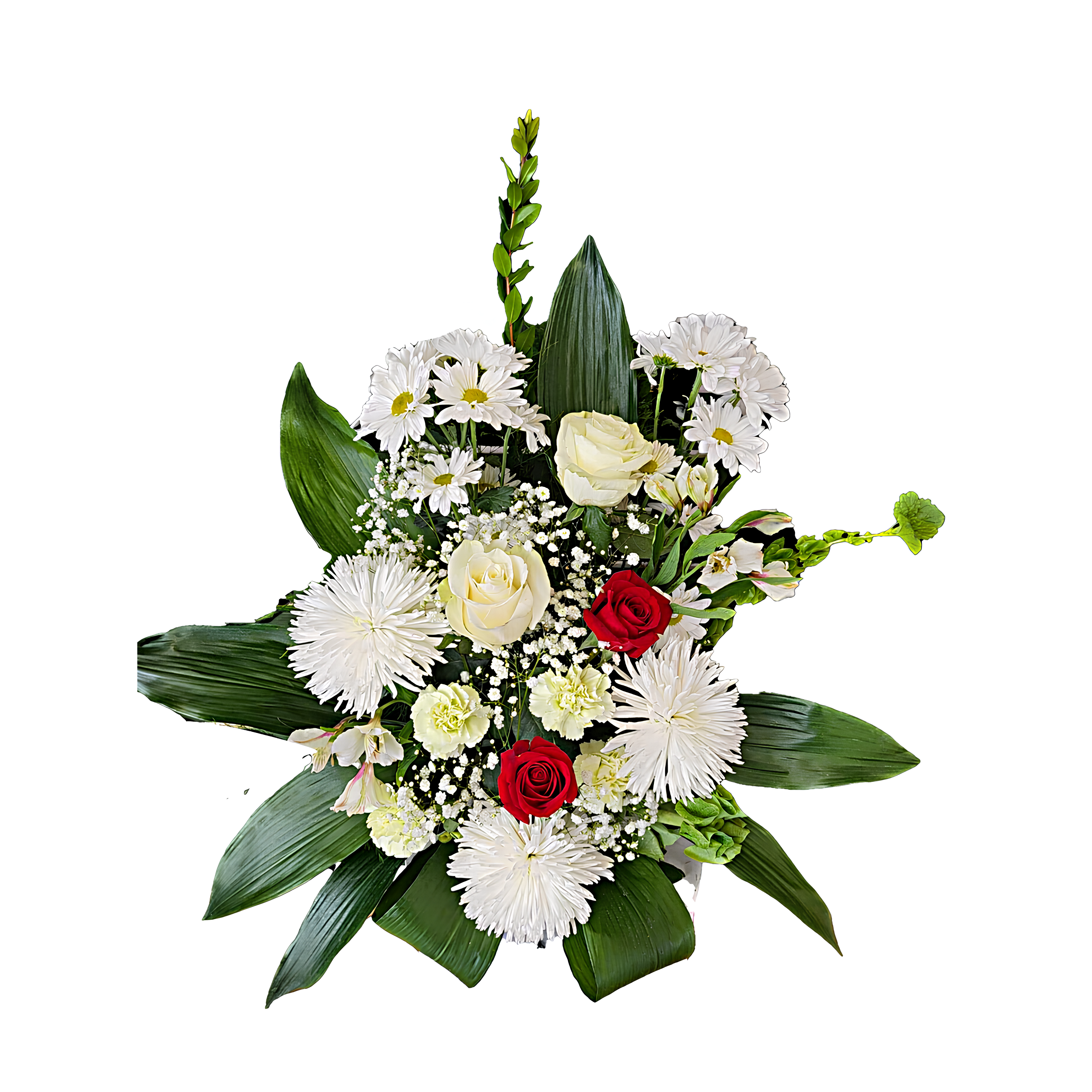 Gerbe Florale – Élégance de Roses Blanches, Chrysanthèmes Fuji et Cloche d’Irlande - Référence 22C19