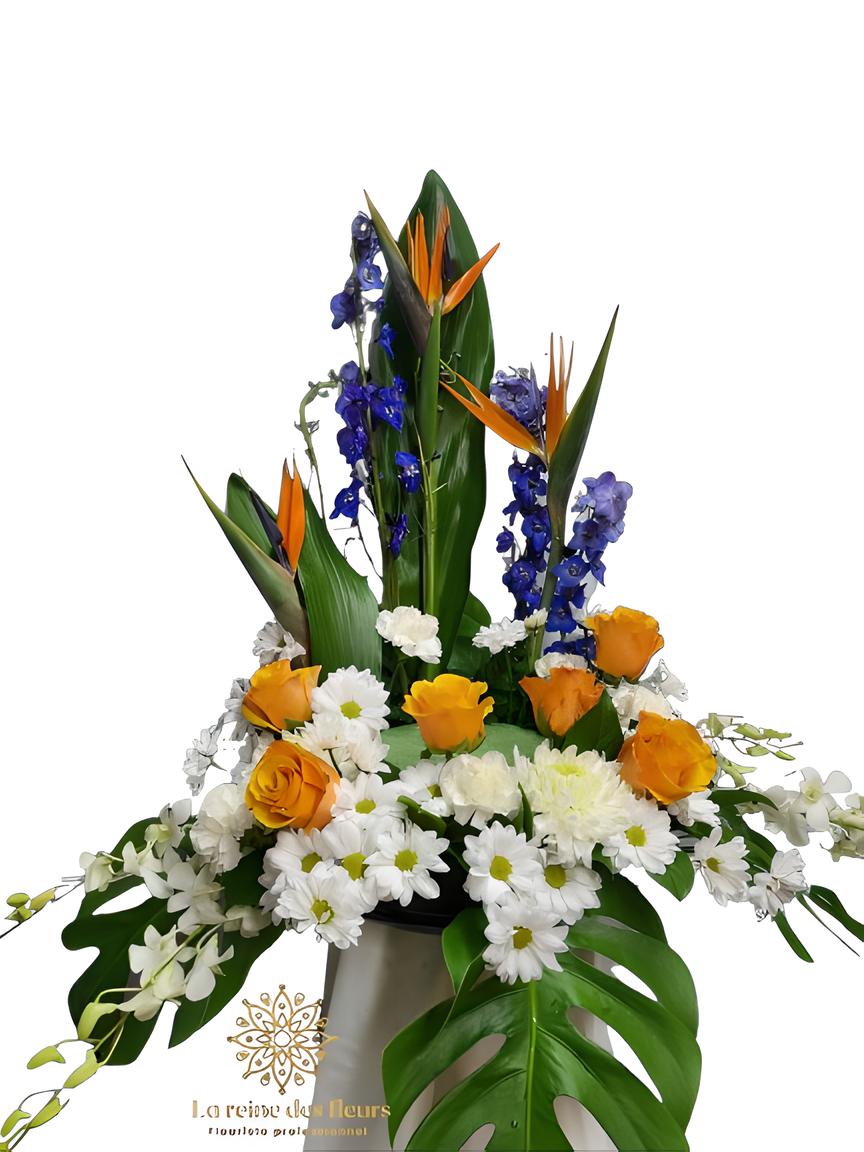 Base d’Urne avec Oiseaux de Paradis et Marguerites – Hommage Tropical – Référence 24CU201