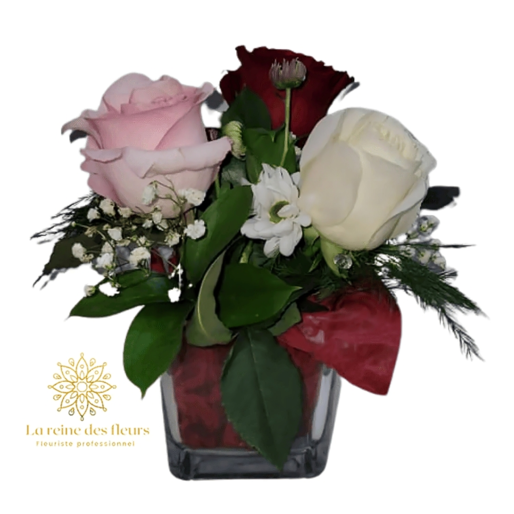 Bouquet-Vase Cube – Élégance Minimaliste en Roses Assorties