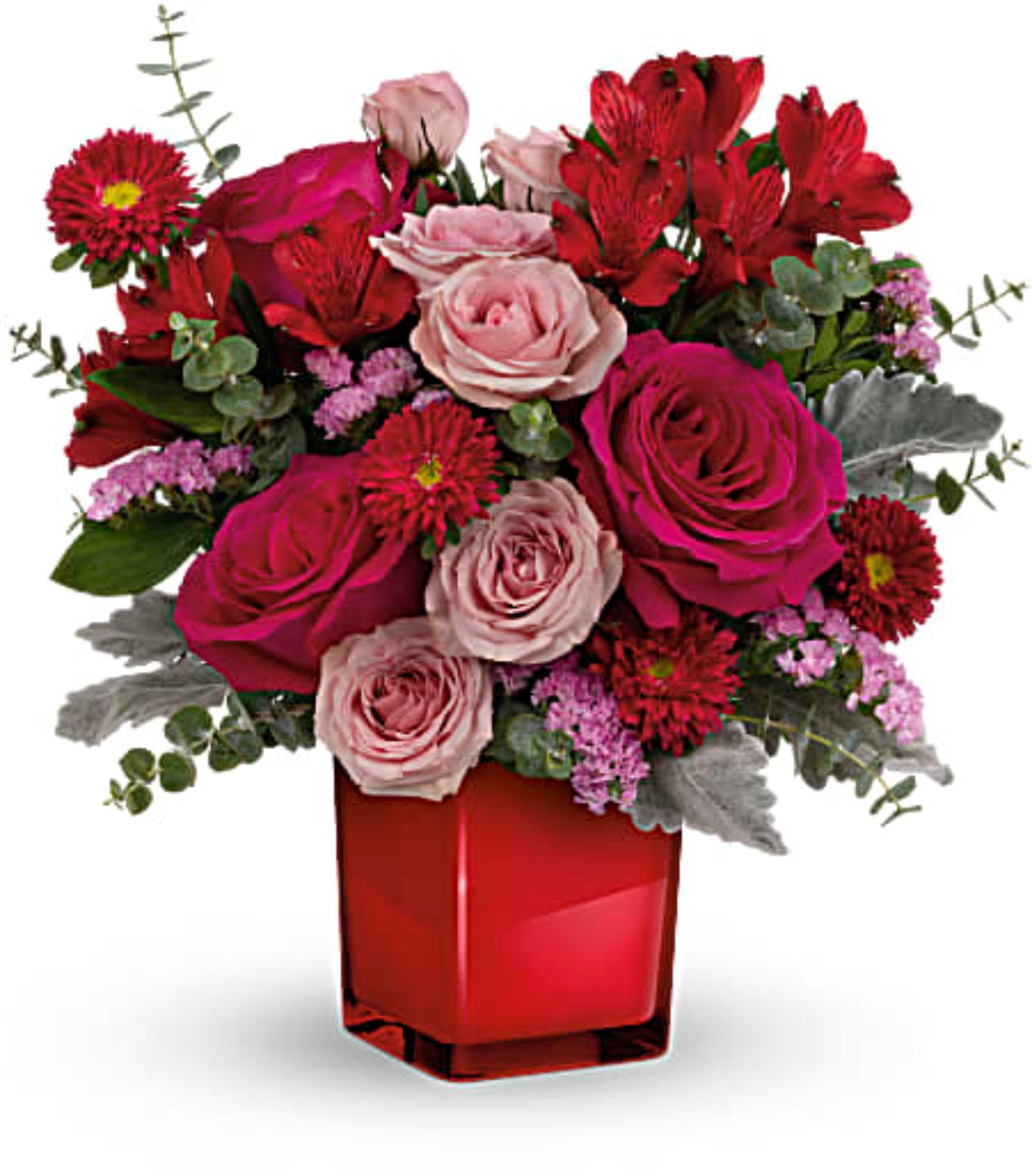 Bouquet d’Amour Éternel – Passion Rouge en Vase Cubique
