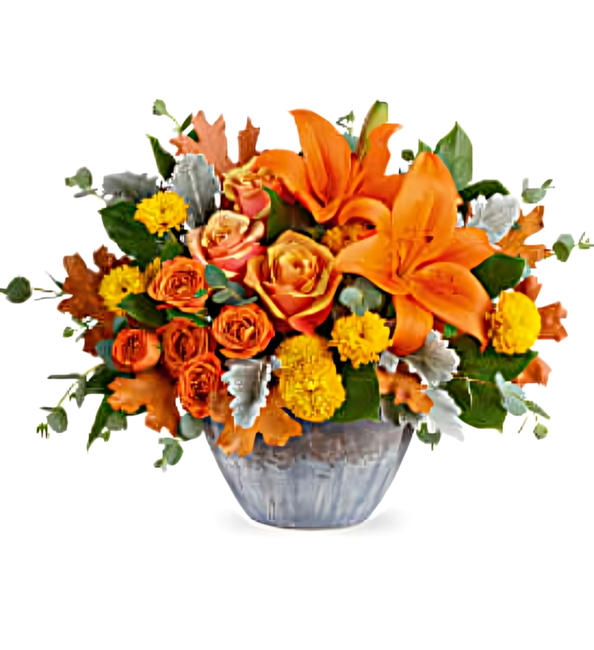 Bouquet Éclat d’Automne – Lys, Roses & Œillets Orange en Pot Céramique