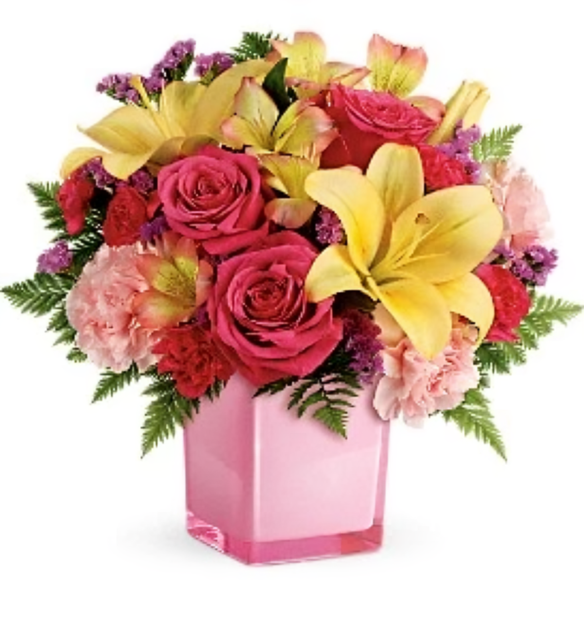 Bouquet de Joie – Éclat de Couleurs en Vase Cubique Rose – Référence TEV45