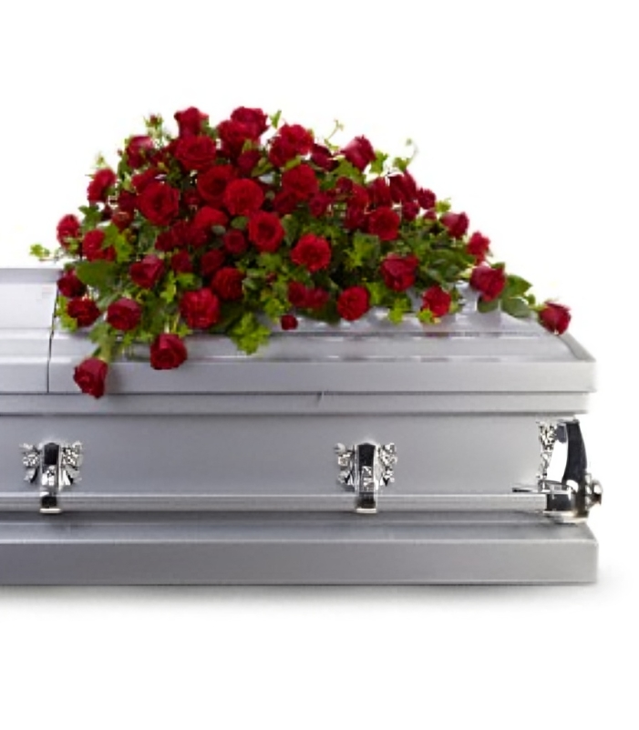 Coussin de Cercueil Hommage Rouge Intense – Gerbe Florale Élégante en Roses et Œillets – Référence T225-3A