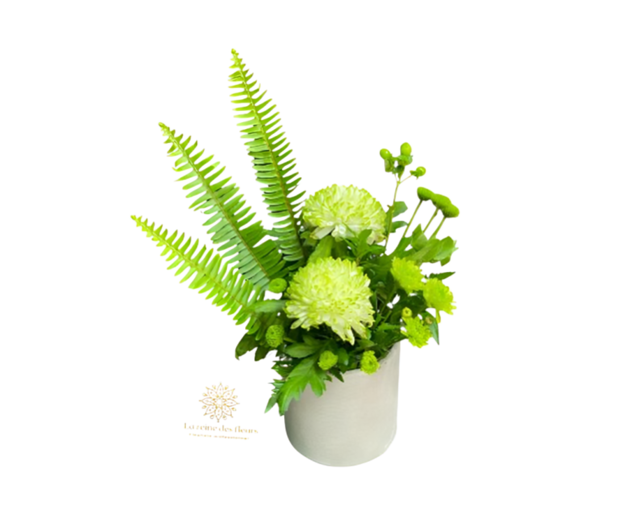 Gerbe Florale - Arrangement Élégant avec Chrysanthèmes et Fougère de Boston - Référence 22c15