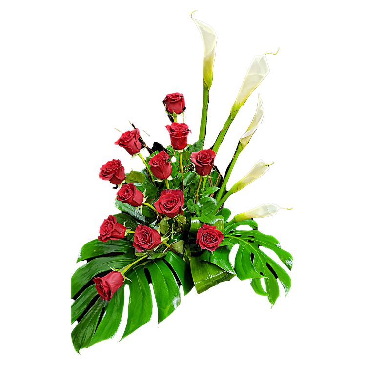 Gerbe Florale Funéraire – Roses Rouges et Callas Blancs sur Feuillage Tropical - Référence RDF-C619