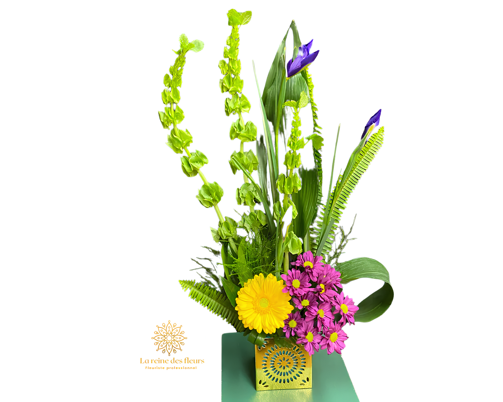 Gerbe Florale – Harmonie d’Iris Bleus, Marguerites et Gerberas pour un Hommage Élégant - Référence 22A11