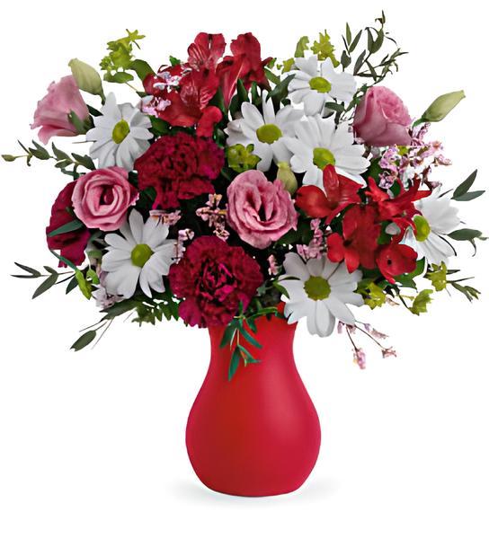 Harmonie Champêtre – Bouquet de Roses & Hydrangées en Vase Rouge – Référence RDF-TEV61