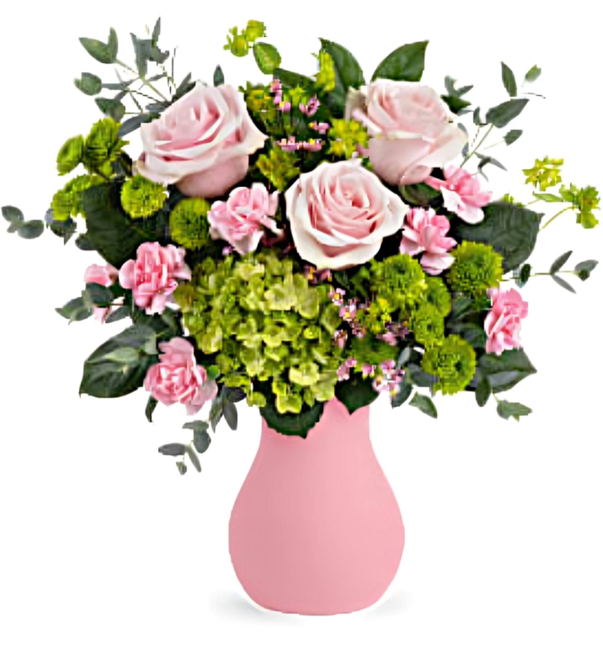 Harmonie Champêtre – Bouquet de Roses Pâles & Hydrangées en Vase Rose – Référence RDF-TEV61